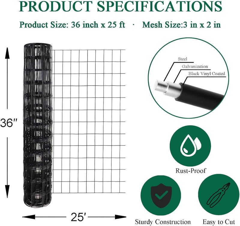 FOREHOGAR Black PVC Coated Welded Wire Fence 36 Inch x 25 Foot, 2 Inch x 3 Inch 16GA, Garden Border Fencing Roll Vinyl Coating Metal Wire Mesh for Yard Vegetable Plant Protection Poultry Netting - Image 3
